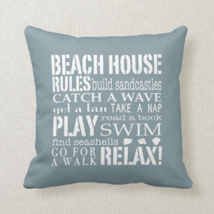 Casa de playa en la almohada de Denim Blue Square
