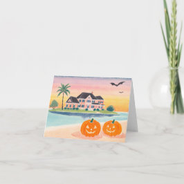 Casa de playa rosa en Halloween - Tarjeta de nota