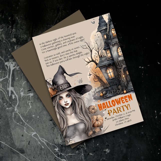 Casa embrujada | Invitación de poema Witch Hallowe (Elevate your upcoming event with uniquely designed Halloween invitations featuring a spooky poem!)