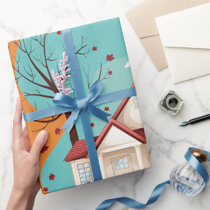 Casa En El Papel De Envoltura De Otoño