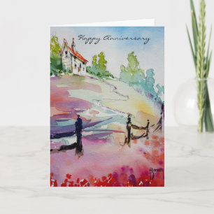 Casa en la tarjeta feliz del aniversario de la