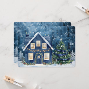 Casa Escena de Invierno Nieve Navidad Azul