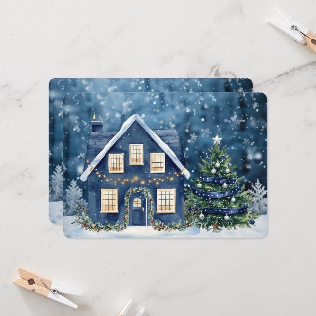 Casa Escena de Invierno Nieve Navidad Azul (Anverso/Reverso In Situ)