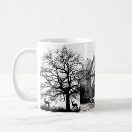 Casa gráfica en blanco y negro y taza de árboles