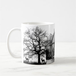 Casa gráfica en blanco y negro y taza de árboles