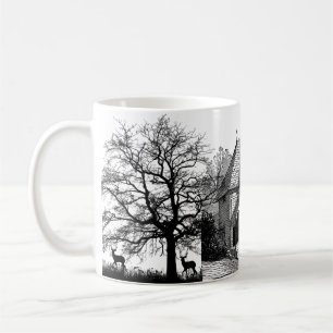 Casa gráfica en blanco y negro y taza de árboles