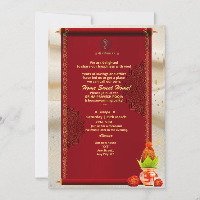 Casa hindú india calienta invitación a Grihapraves (Anverso)