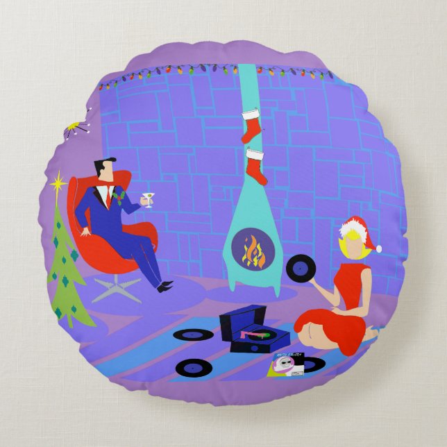 Casa Retro para almohada redonda de vacaciones (Anverso)