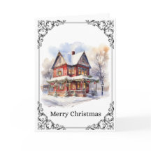Casa Victoriana Acogedora con Nieve – Tarjeta de F