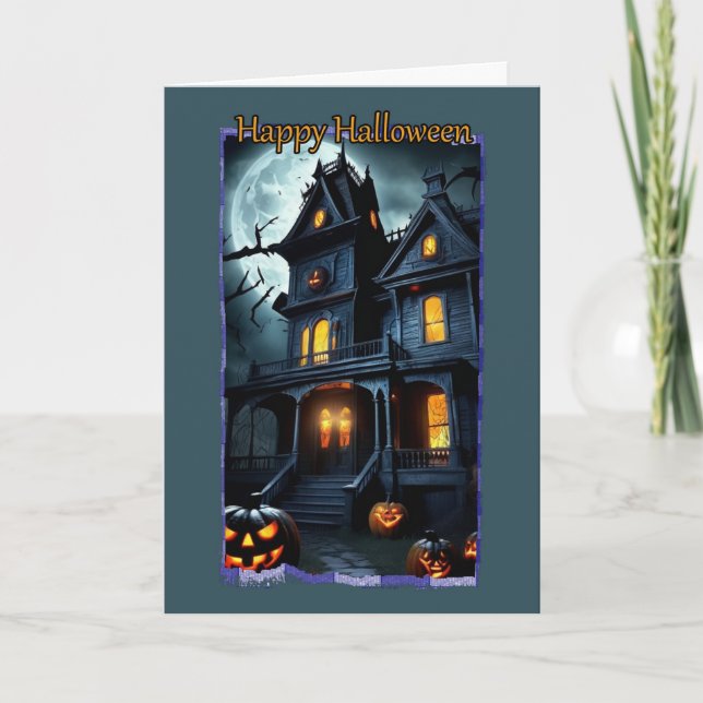 Casa victoriana con tarjeta Halloween de Balcones (Anverso)