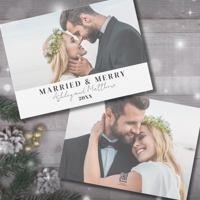 Casados y alegres Foto de Navidad de recién casado (Married And Merry Newlywed Just Married Holiday Card)