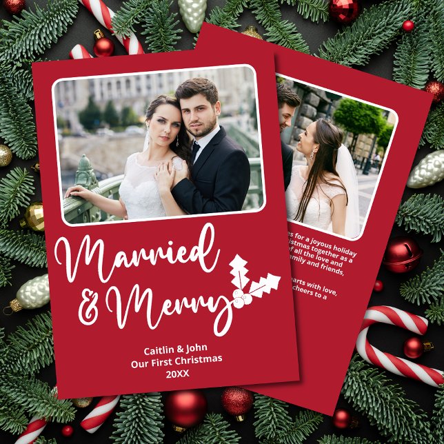 Casados y merry recién casados Primera Navidad Roj (Married and Merry custom Christmas card for newlyweds couple with 2 photos and Holiday message.)