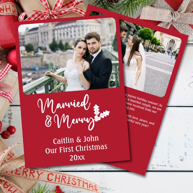 Casados y merry recién casados Primera Navidad Roj (Married and Merry, Our First Christmas personalized 2 photo  greeting card in red with white letters)