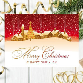 Casas con tarjeta navideña de nieve con amarre
