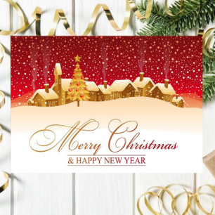 Casas con tarjeta navideña de nieve con amarre