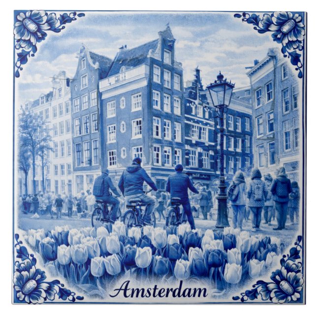 casas de Ámsterdam azulejo estilo Delft Blue (Frente)