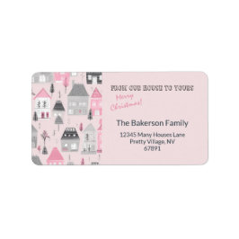 Casas de cosecha en etiqueta de Navidades rosados