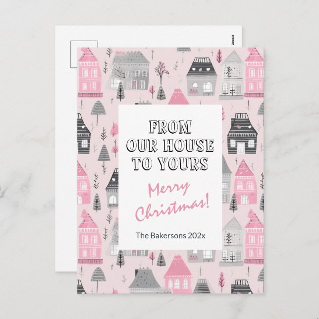 Casas de cosecha en Navidades rosados con tarjeta  (Anverso / Reverso)
