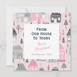 Casas de cosecha en tarjeta de Navidades rosados