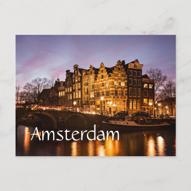 Casas de los canales de Amsterdam con postal de te (Anverso)