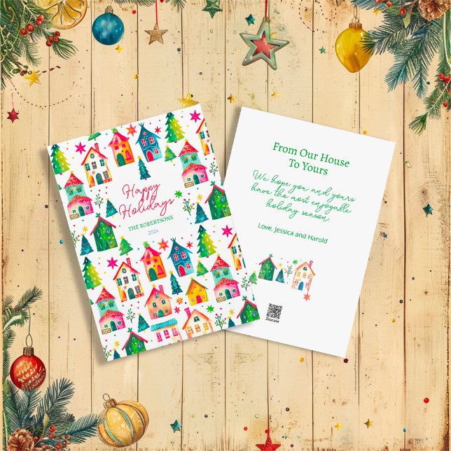 Casas de Navidad Felices Fiestas (Christmas Houses Happy Holidays (flat card, natural))