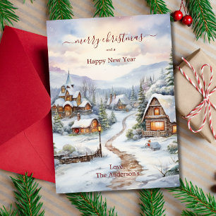 Casas de pueblo nevado de Navidad vintage árboles