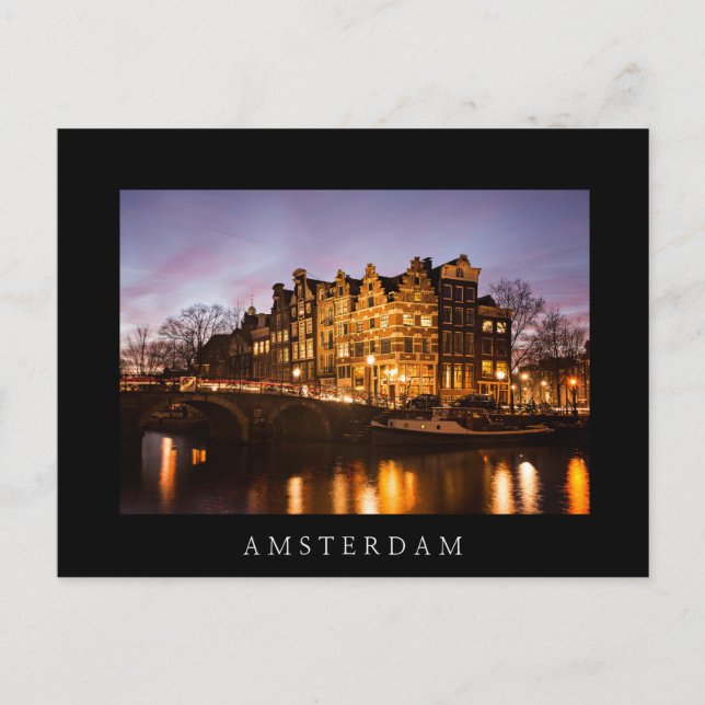 Casas del canal de Ámsterdam con postal negra al a (Anverso)