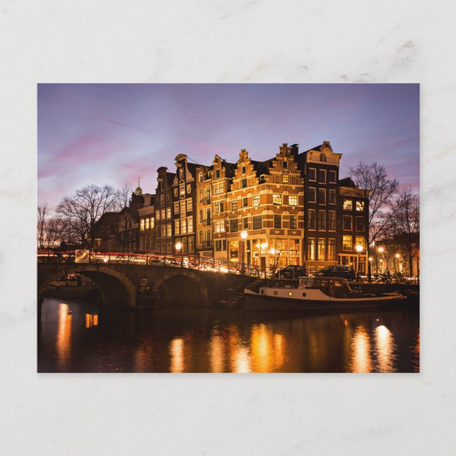 Casas del canal de Amsterdam en la postal del atar (Anverso)