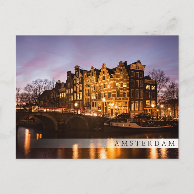 Casas del canal de Amsterdam en la postal del bar  (Anverso)