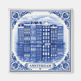 casas del canal de Ámsterdam imán estilo Delft Blu