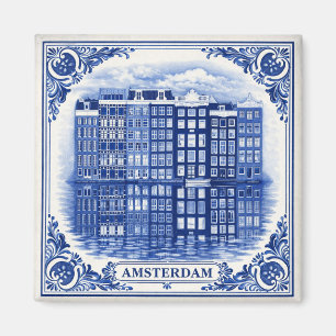 casas del canal de Ámsterdam imán estilo Delft Blu