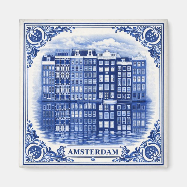 casas del canal de Ámsterdam imán estilo Delft Blu (Frente)