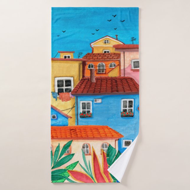 Casas italianas. Mano de Gouache (Toalla de baño)