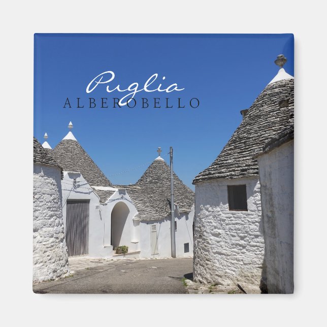 Casas Trulli en Alberobello, imán de texto de Pugl (Frente)