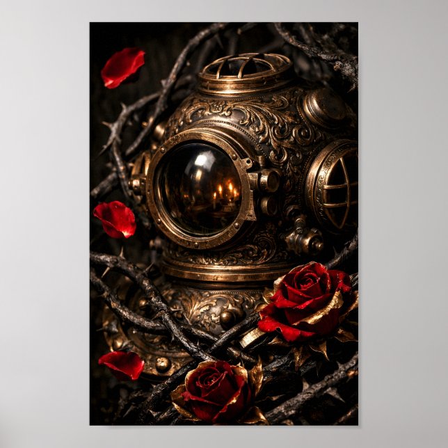 Casco de buzo steampunk antiguo rosa rojo arte gót (Frente)