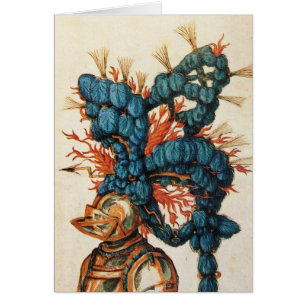 CASCO DE CABALLERO ANTIGUO CON PLUMAS ROJAS Y AZUL