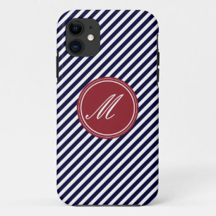 Para iPhone 11 Bandas azul y blanca de la marina con Funda Monogr