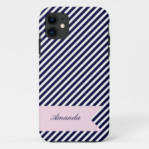 Para iPhone 11 Bandas azul y blanca de la marina con Funda Monogr