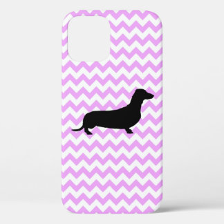 Para iPhone 12 Chevron rosa con Funda de silueta de Dachshund