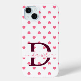 Para iPhone 15 Mini Funda de corazón rosado monograma personalizado de