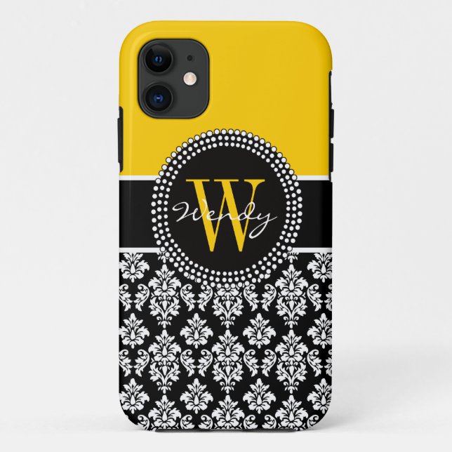 Case-Mate Para iPhone Funda de Damasco Negro amarillo inicial personaliz (Reverso)