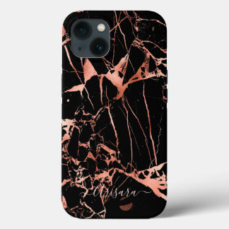 Para iPhone 13 Funda de mármol negro con vetas de oro rosa falsas