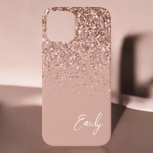Para iPhone 12 Funda de monograma con brillo rosa dorado y rosa n