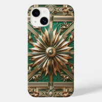 Funda de teléfono Art Deco verde esmeralda y dorad