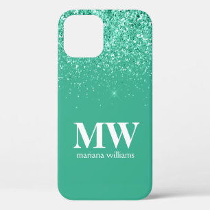 Para iPhone 12 Funda de teléfono celular verde turquesa con brill