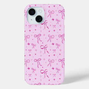 Para iPhone 15 Funda de teléfono con lazo de gingham rosa