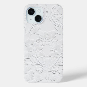 Para iPhone 15 Funda de teléfono con relieve floral blanco delica