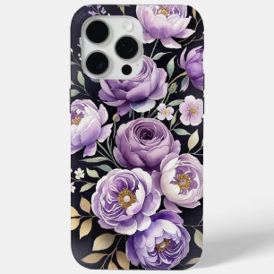 Para iPhone 15 Pro Max Funda de teléfono de acuarela floral púrpura y ros