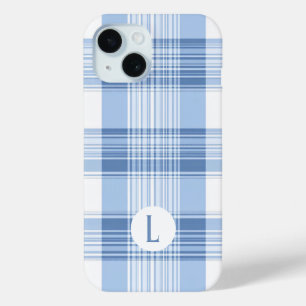 Para iPhone 15 Funda de teléfono de cuadros clásica azul claro y