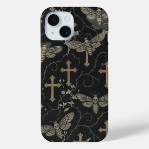 Para iPhone 15 Funda de teléfono de damasco de polilla y cruz gót